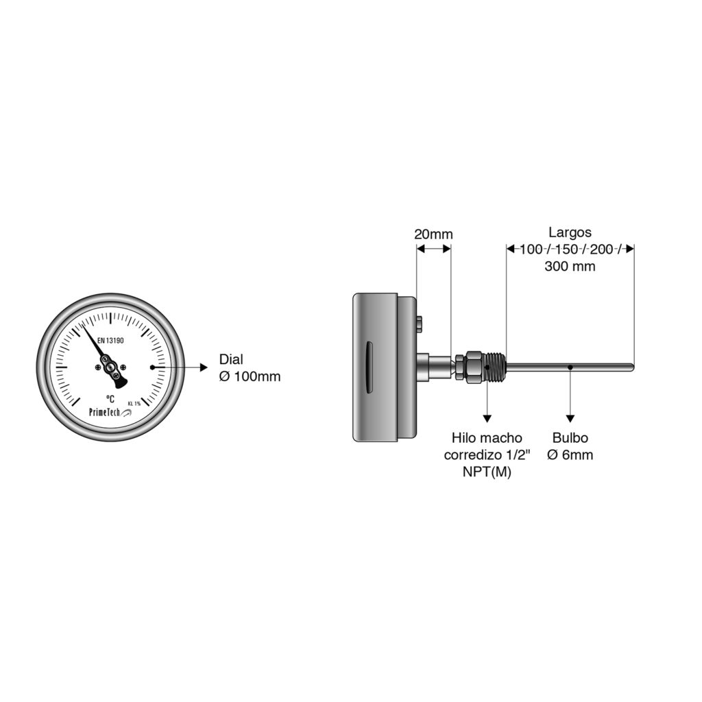 Termómetro bimetálico DN4" 0+120°C INF. 200x6 SS316 1/2", PRIMETECH