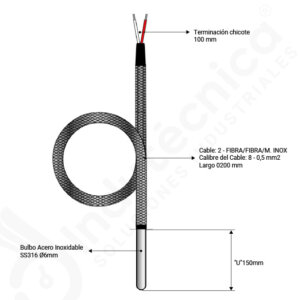 Termocupla Cartucho Tipo J TET302 – 150mm, Cable 200mm